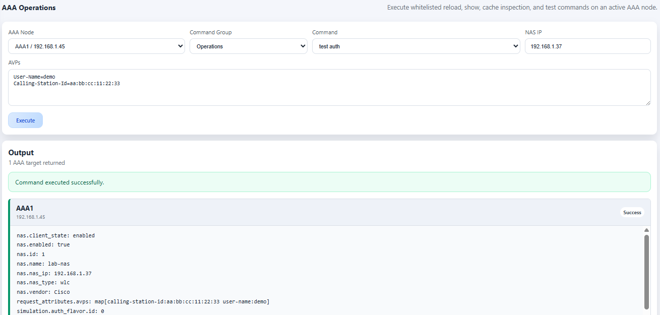 LakshAAA RADIUS operations screen showing cache state, node responses, and administrative controls